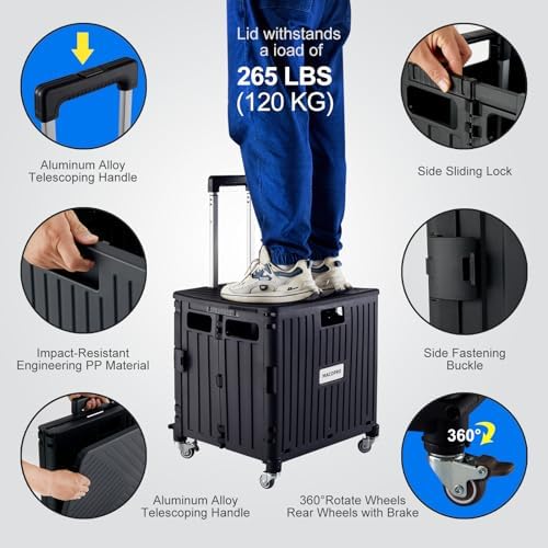 MACOPRO Folding Utility Cart Portable Rolling Crate Handcart Shopping Trolley Collapsible Tool Box, with Lid, Basket on 4 Rotate Wheels, for Grocery, Office, Luggage, Teacher (Black) - Image 3