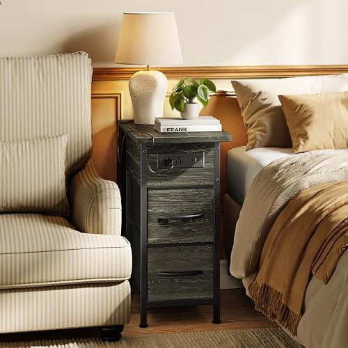 Huuger Narrow End Table with Charging Station, Side Table with 2 Drawers - Image 6