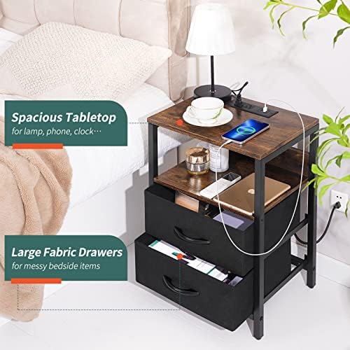 Yoobure Nightstand with Charging Station, Small Night Stand with Fabric Drawers and Storage Shelf for Bedrooms, Nightstands for Small Spaces, Bedside Table with USB Ports & Outlets, Bed Side Table - Image 6