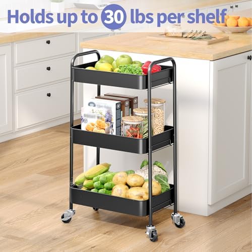 TOOLF 3 Tier Metal Rolling Cart, Utility Storage Cart with Wheels, Black | Screwless Assembly, Lockable Metal Wheels, Trolley Organizer for Bathroom, Kitchen, Office, Dorm, Laundry, Craft Room - Image 2