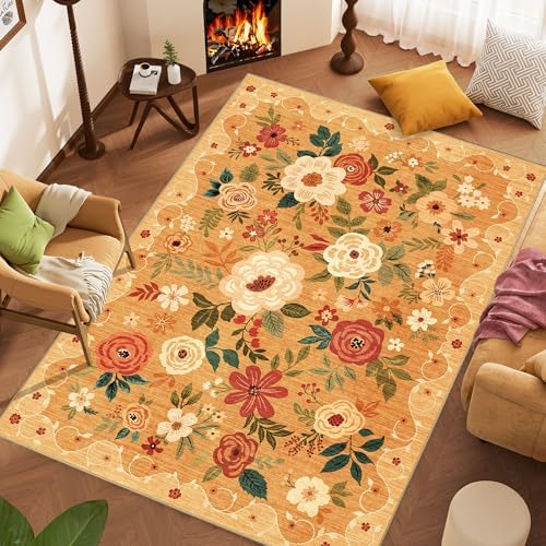 DUKINO 9x12 Area Rug for Living Room, Floral Washable Rug Non Slip, Orange - Image 3