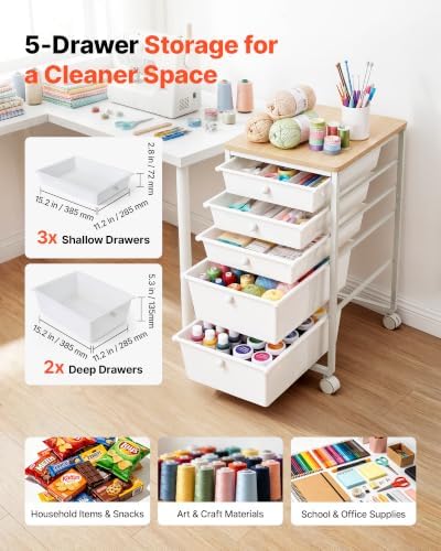 VEVOR Rolling Cart with Drawers, 5 Drawer Storage Organizer, Mobile Utility Cart with Wood Top, Steel Frame, Universal Casters & 2 Brakes, for Office, Classroom, Craft Supplies, Bedroom, Makeup, White - Image 2