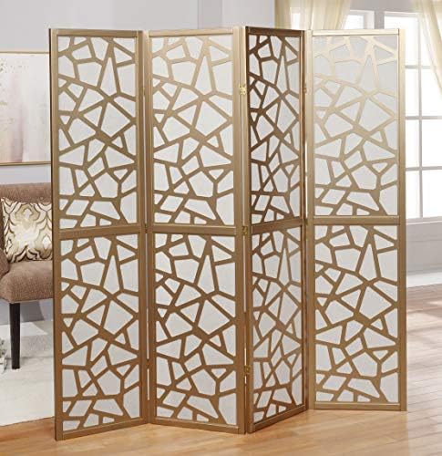 Roundhill Furniture Giyano 4 Panel Screen Room Divider, White Screen with Gold Frame - Image 5