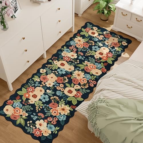 DUKINO 2x6 Runner Rug, Floral Washable Rug for Kitchen Non Slip, Navy Blue - Image 3