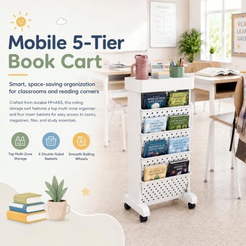 5-Tier Rolling Bookshelf Cart with Wheels, White - Image 2