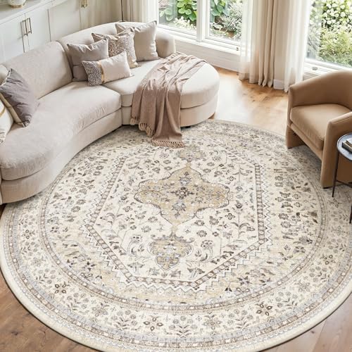 Puino 8Ft Round Rug Washable: Non-Slip Boho Living Room Circle Area Rugs by Puino