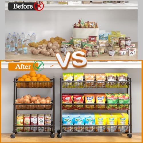 3IngSeagulls 3-Tier Expandable Rolling Pantry Floor Organizer, Stackable Pantry Storage Cart with Wheels, Kitchen Fruit and Vegetable Storage Rack for Onion, Potato, Food, Snacks - Image 6