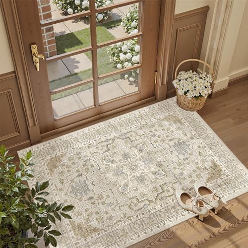 Madane Washable Entry Rug 3x4 Area Rugs for Entryway Kitchen, Beige/Blue by Madane