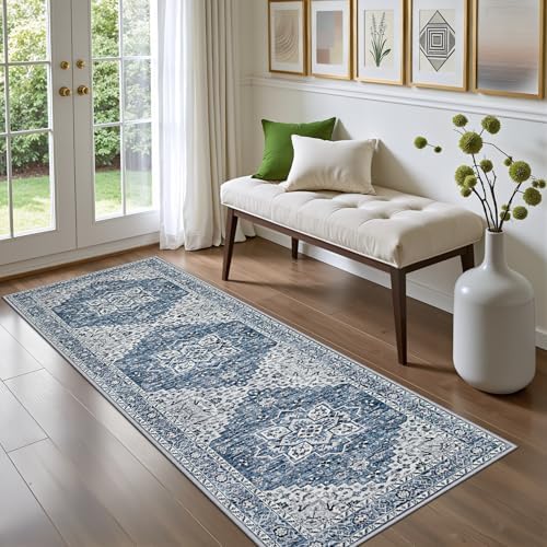 Hallway Runner Rug: 2.6x8 Kitchen Boho Rugs for Living Room Blue - Image 2