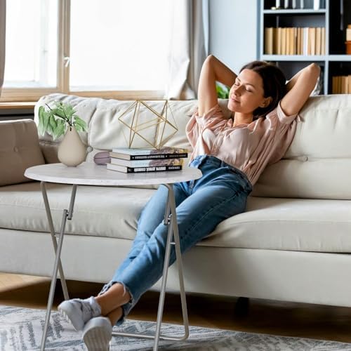 TV Trays Table Set of 4 Round Portable Folding TV Tray Table TV Dinner Tray with Sturdy MDF, No Assembly Required, 17.5 x 17.5 x 26 in (White Marble, 4Pcs) - Image 2