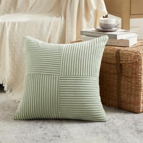 Fancy Homi 2 Packs Sage Green Big Decorative Throw Pillow Covers 24x24 Inch for Living Room Couch Bed, Rustic Farmhouse Boho Home Decor, Soft Corss Corduroy Patchwork Accent Cushion Case 60x60 cm - Image 2