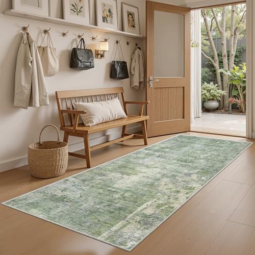 Soalmost Abstratc Runner Rug 2x5 Washable Kitchen Entry Runners Green/Ivory - Image 2