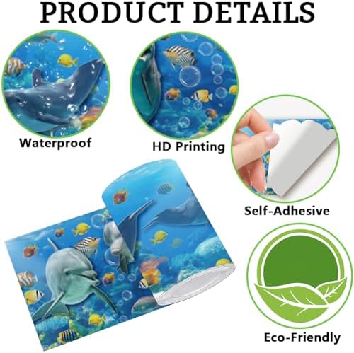 Ocean Wallpaper Border Wall Border Trim Peel and Stick 19.7 x 4 Inch Ocean Dolphin Fish Pattern PVC Decorative Molding Sticker for Bathroom Laundry Kitchen Backsplash Hotel Home Decoration - Image 6
