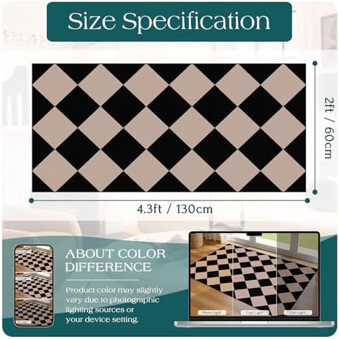 Front Door Mat Indoor Entrance - 2x4.3 Ft Black Tan Checkered Rug - Image 2