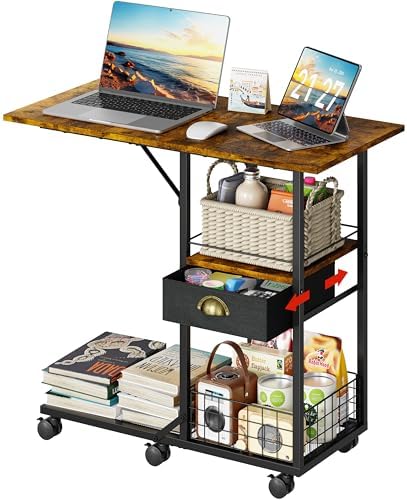 Rolling Coffee Table with Oversized Double-Wide Wood Top, Mobile Tv Tray with Storage Drawer and Wheels for Sofa, Portable Side Table for Living Room, Home Office, Spacious Desk for Working Studying by Sonyabecca