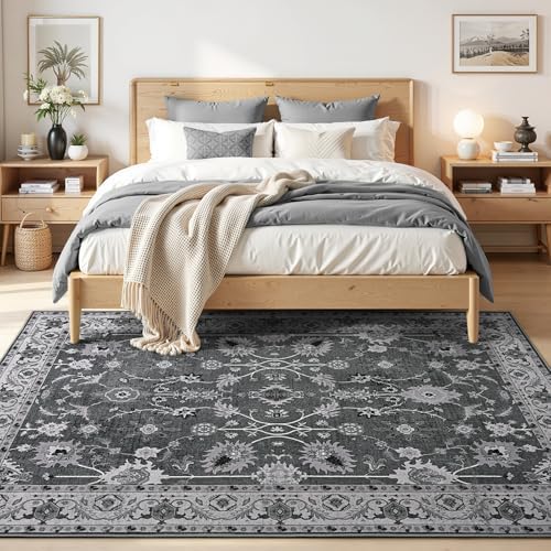 Hanples 5x7 Area Rugs for Living Room, Washable Rug Vintage Floral, Black - Image 2