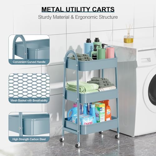 3 Tier Utility Rolling Cart, EAGMAK Metal Storage Cart with Handle and Lockable Wheels, Multifunctional Storage Organizer Trolley with Mesh Baskets for Kitchen, Living Room, Office, Garage (Blue) - Image 2