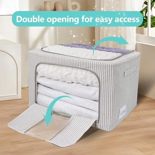 3 Pack Clothes Storage Bins, Foldable Metal Frame Storage Box with Lids,Stackable Linen Fabric Organizer Set with Carrying Handles,Zippers,and Clear Window (Grey Stripe, 66L) - Image 6