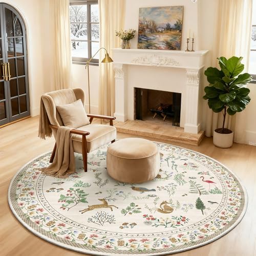 Washable Round Rugs for Bedroom 4ft: Living Room Rug Stain Resistant Non Slip Low Pile Ultra Soft Faux Wool Small Circle Rugs for Entryway Kitchen Nursery Bathroom Entrance Dorm Home Office Indoor by palohom