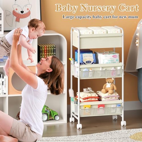 3-Tier Baby Diaper Caddy Cart Organizer,Mobile Nursery Storage Carts with Wheels,With 2 Dividers&14 Mesh Pockets Durable Metal Utility Cart for Nursery, Bedroom, Bathroom, Baby Essentials Organization - Image 3
