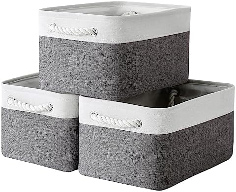 TheWarmHome Storage Basket for Organizing - 15.7x11.8x8.2 inch Large 3 Pack Collapsible Storage Bins for Shelves, Fabric Storage Cubes for Gift Closet Linen Organization (White & Grey) by TheWarmHome