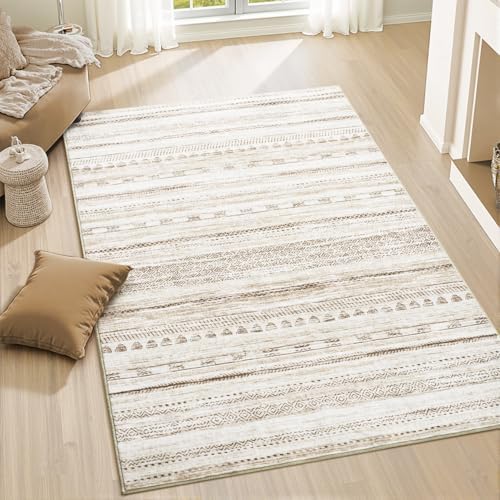3x5 Area Rug Machine Washable Non Slip Rug Distressed Neutral Moroccan Boho Rug Ultra Soft Indoor Rugs for Bedroom Living Room Entryway Kitchen Foyer Bedside, Light Brown by Tchdio