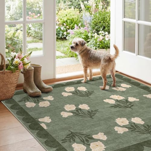 3x3 Square Entryway Rug - Non-Slip Washable Front Door Mat Indoor Outside Entrance Small Porch Rug Sage Green Cottage Scalloped Throw Rugs for Entryway Kitchen Bedroom Office Front Porch Decor - Image 6