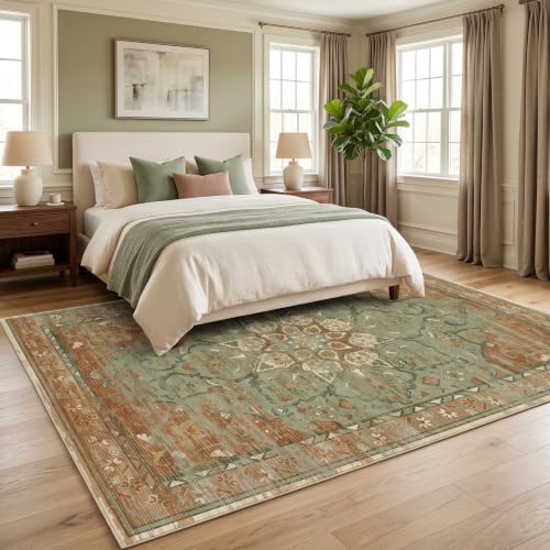 RUGIXE 8'x10' Sage Green/Rust Vintage Boho Washable Living Room Area Rug - Image 2