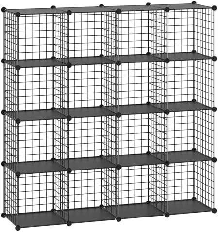 HUBSON Wire Cube Organizer, Book/Toy/Craft/Potted Plants and Pet Closet Organizers, 16-Cube Freely Combinable Metal Grids Storage Shelf, Black Plus Iron by HUBSON