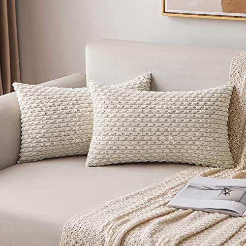 MIULEE Lumbar Decorative Throw Pillow Covers 12x20 Cream White Corduroy by MIULEE