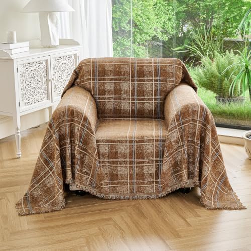 Couch Cover for Dogs Washable Sofa Cover, Sectional Couch Covers, Sofa Covers for 2 Cushion Couch, Non Slip Stripe Sofa Slipcovers Furniture Protector (Brown Checkered 91x71) by Unknown