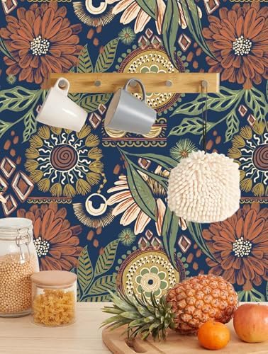 HAOKHOME Boho Peel and Stick Wallpaper Green Floral Bathroom 17.3inx 32.8ft | Large Roll Renter Friendly Removable Waterproof Stick on Textured Wall Paper Navy Orange Vintage Bedroom Accent Wall Decor - Image 4