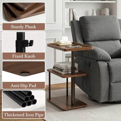 Faesun C Table End Table Adjustable Height, 360°Swivel TV Tray Table for Small Spaces, Small Nightstand for Living Room, Bedroom, Walunt - Image 6
