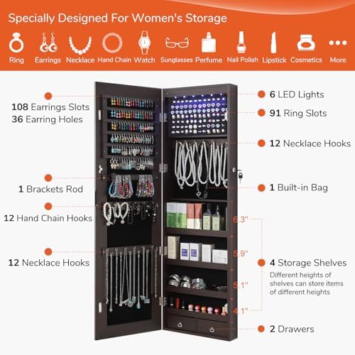 GISSAR Full Length Mirror Jewelry Cabinet, 6 LEDs Jewelry Armoire Wall Mounted Over The Door Hanging, Jewelry Organizer Storage with Lights Lockable, Brown, 14.6" x 47.2" - Image 4