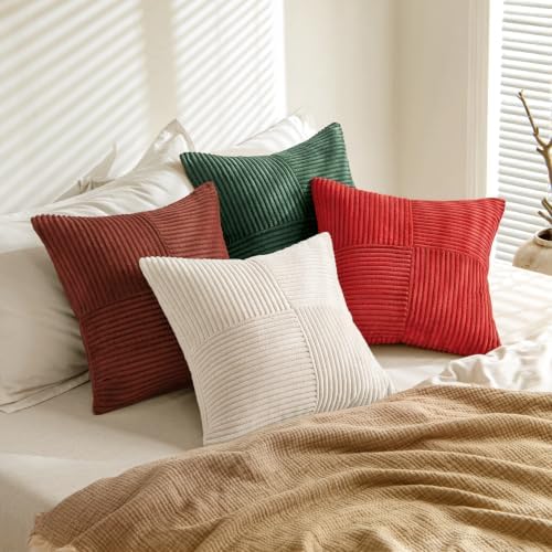 MIULEE Boho Christmas Red Decorative Throw Pillow Covers 18x18 Set of 4 Farmhouse Cushion Covers Color-Clash Corduroy Pillow Cases Modern Soft Corduroy Patchwork Home Decor for Couch Sofa Bedroom - Image 4