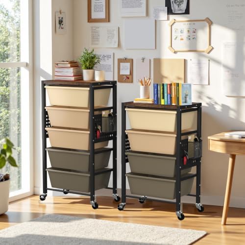 Rolling Cart with 4 Drawers, Plastic Drawer Storage Carts with Wheels & Wooden Tabletop, Metal Utility Cart with Pegboards, Office Living Room Classroom Craft Organization and Storage, Dark Brown - Image 2