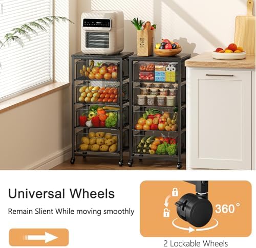 4-Tier Fruit Vegetable Storage Cart - Kitchen Organizer and Storage Cart with Wheels, Wooden Top Metal Wire Fruit Vegetable Rack Stand with Drawers to Storage Cans Snacks for Kitchen(Patent Pending) - Image 2