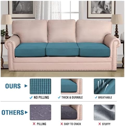 H.VERSAILTEX Super Stretch Individual Seat Sofa Covers Couch Slipcover Sets Thick Jacquard Textured Twill Fabric (3 Piece Sofa Cushion Covers, Storm Blue) - Image 3
