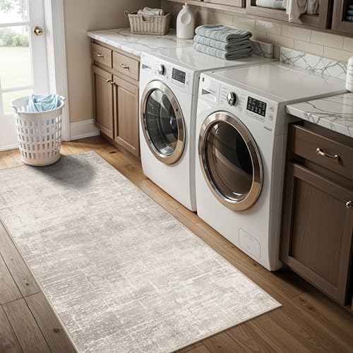 Washable 2x5 Kitchen Runner Rug: Abstract Water Resistant Sink Stove Entryway Rug Soft Living Room Bedroom Beside Carpet Thin Low Pile Non-Slip Hallway Bathroom Laundry Room Floor Mat(2X5,Beige/Cream) - Image 5
