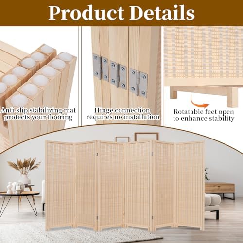 Bamboo Room Divider 6 Panel 47" H, 360°Rotating Feet Privacy Screen,Beige - Image 6
