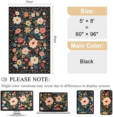 DUKINO 5x8 Area Rug for Bedroom, Soft Floral Washable Rug Non Slip, Black - Image 2