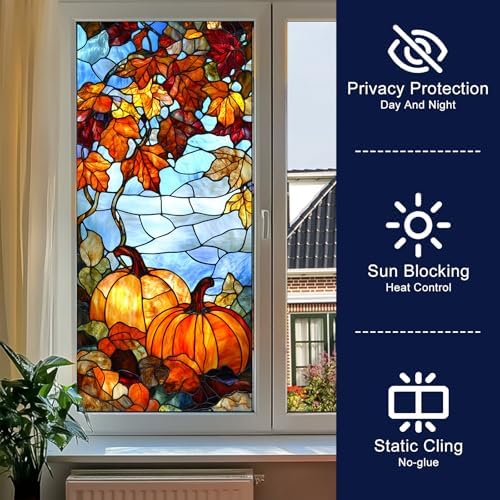 HOMETITUTE Autumn Pumpkin Maple Privacy Window Film Cling 17.7x39.3 PVC - Image 2