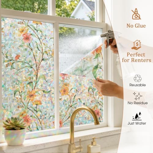 Coavas Stained Glass Window Privacy Film, 3D Rainbow Floral, 35.4" x 78.7" - Image 3