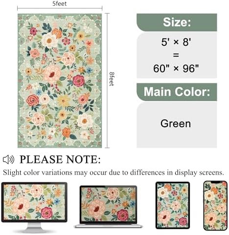 DUKINO 5x8 Area Rug for Bedroom, Floral Washable Rug Non Slip, Green - Image 2