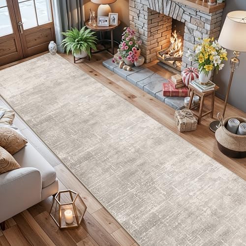 Hallway Washable Runner Rug - 2'6x14 Kitchen Rugs Stain Resistant Entryway Area Rug Abstract Soft Floor Mat Non-Slip Indoor Farmhouse Carpet for Bathroom Living Room Bedroom(2'6x14,Beige/Cream - Image 2