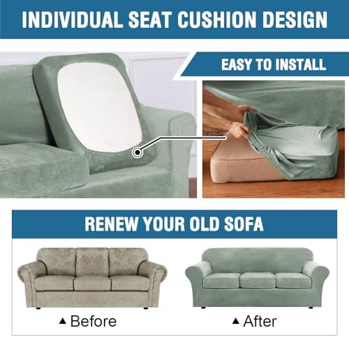 H.VERSAILTEX Rich Velvet Stretch 2 Piece Cover Chair Slipcover Sofa Cover Furniture Protector Couch Soft with Elastic Bottom Chair Couch Cover with Arms Width Up to 49 Inch(Chair, Sea Grass) - Image 6