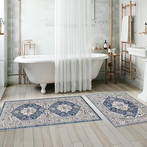 Kitchen Sink Rugs Set 0f 2: Washable Non-Slip Hardwood Floor Mat for Stove Dishwasher Fronts Soft Stain Resistant Carpet for Cooking Area & Fridge Boho Home Decor for High Traffic Area(2x3+2x4,Blue) - Image 5