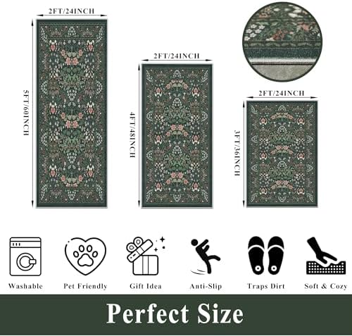 3 Piece Kitchen Rug Set, Washable Non-Slip Kitchen Mats for Hardwood Floor, Boho Farmhouse Kitchen Runner Rug for Sink,Entryway & Hallway & Bathroom (Dark Green, 2x3+2x4+2x5) - Image 2