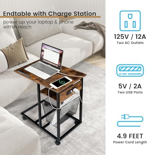 FLYJOE End Table C Shape with Charge Station, Tilting Top Side Table with Magazine Holder and Lockable Wheels, Easy Assembly for Living Room, Bedroom, Industrial Style, Rustic Brown - Image 5