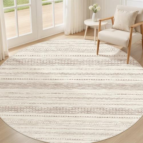 Nakagishi Round Rug Boho Area Rugs: 5x5 Washable Large Circle Neutral Soft Stain Resistant Non-Slip Carpet for Women Aged 25-45 Farmhouse Decor Enthusiasts - Living Room Bedroom Dining Room Nursery by NakagishiAreaRug